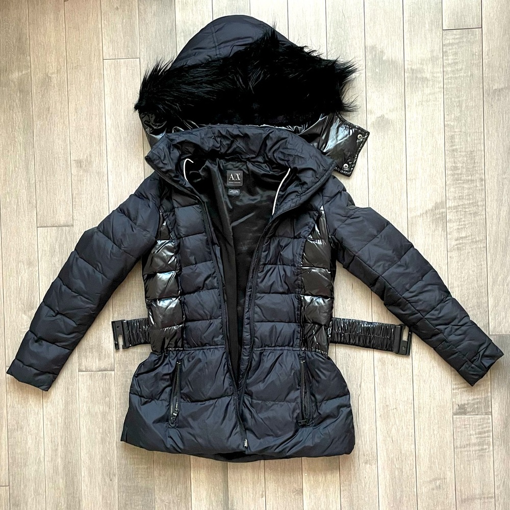 Armani Exchange XS black puffer coat with belt